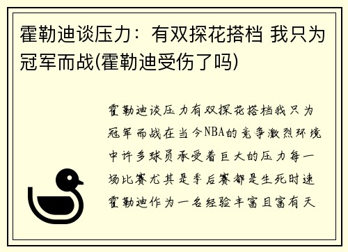 霍勒迪谈压力：有双探花搭档 我只为冠军而战(霍勒迪受伤了吗)