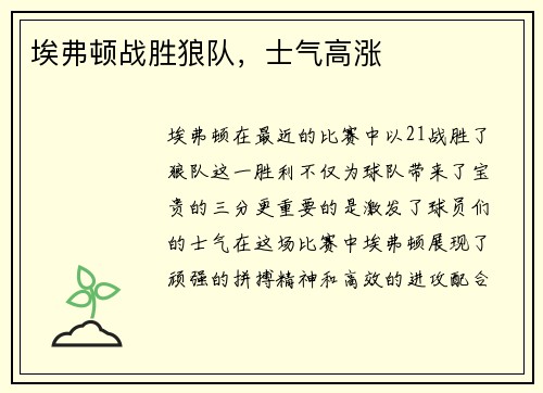 埃弗顿战胜狼队，士气高涨