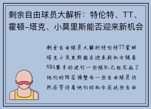 剩余自由球员大解析：特伦特、TT、霍顿-塔克、小莫里斯能否迎来新机会？