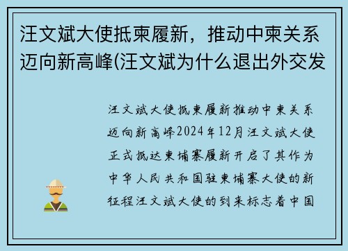汪文斌大使抵柬履新，推动中柬关系迈向新高峰(汪文斌为什么退出外交发言人)